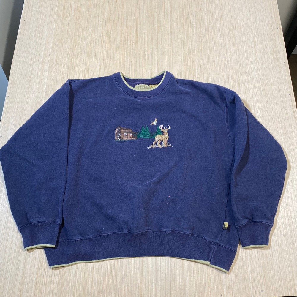 Field Tested Mens XL Navy Blue Embroidered Deer Cabin Wildlife Crewneck Sweater